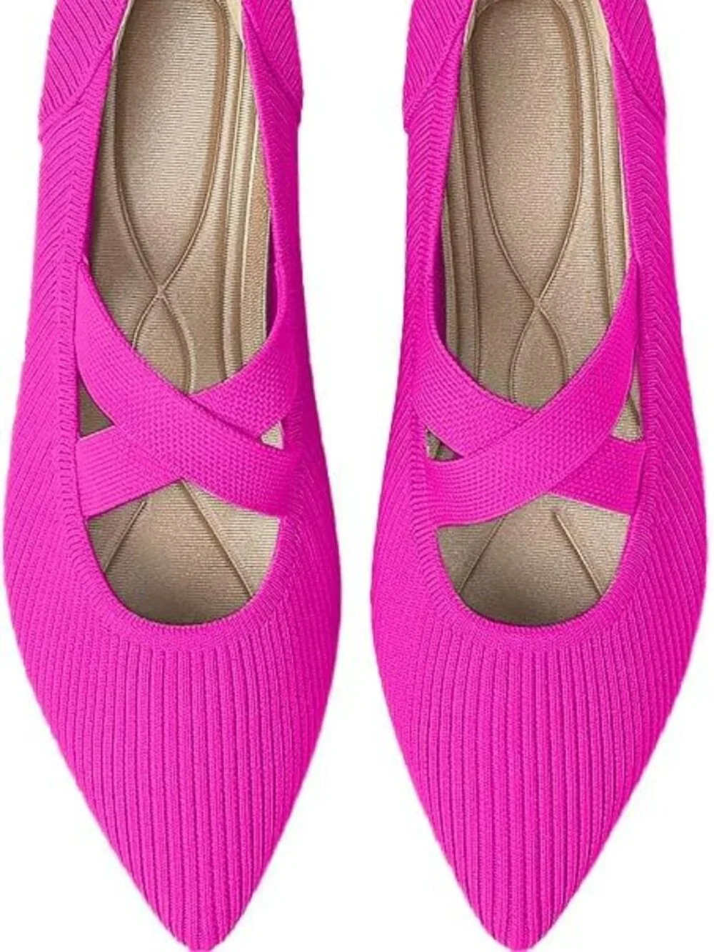 Women's Pink Pointed Toe Comfortable Mary Jane Slip-On Knit Ballet Flat Shoes